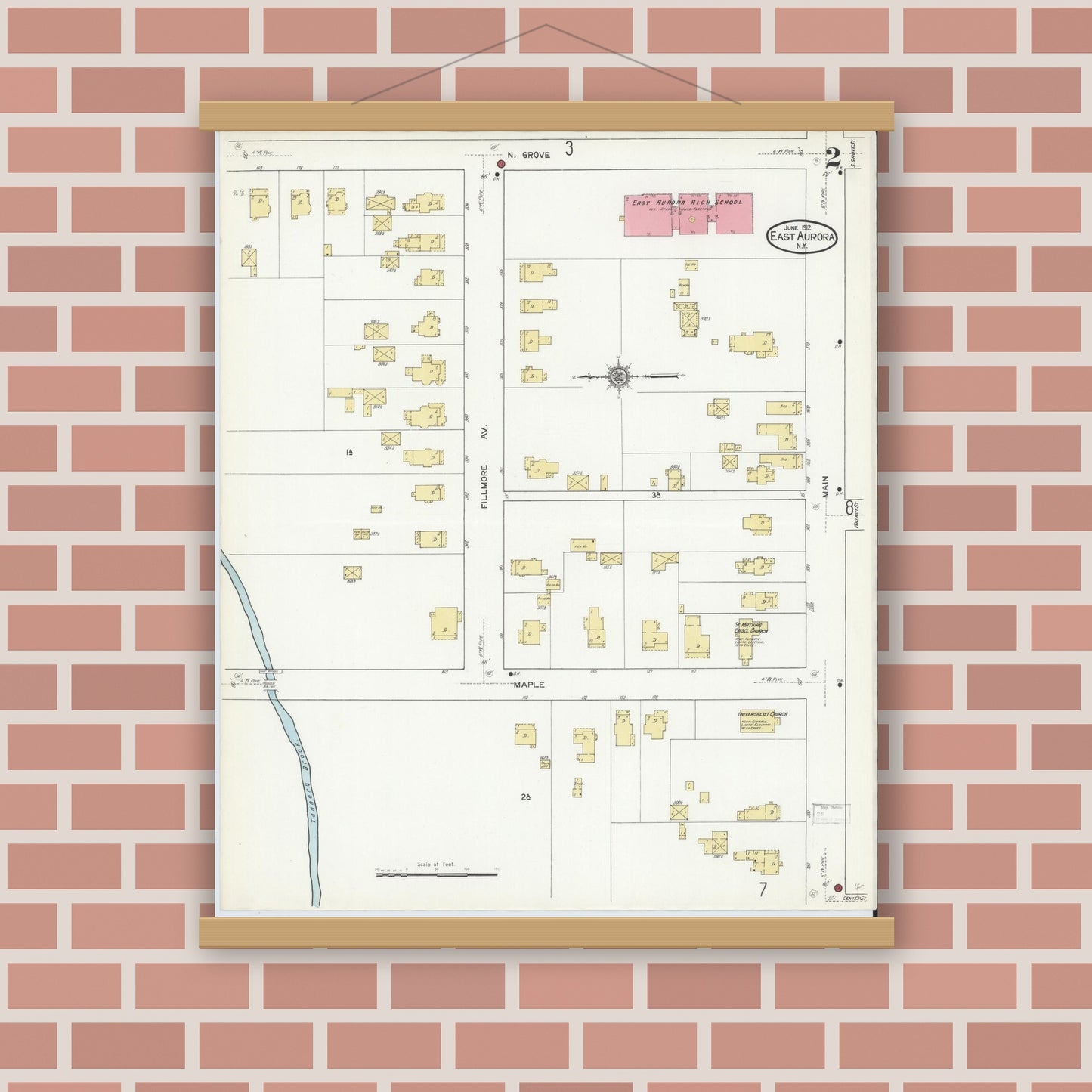 Old map wall art mockup — magnetic wood frame on brick wall — Sanborn Fire Insurance Map from East Aurora, Erie County, New York (1912) - Complete Map Set