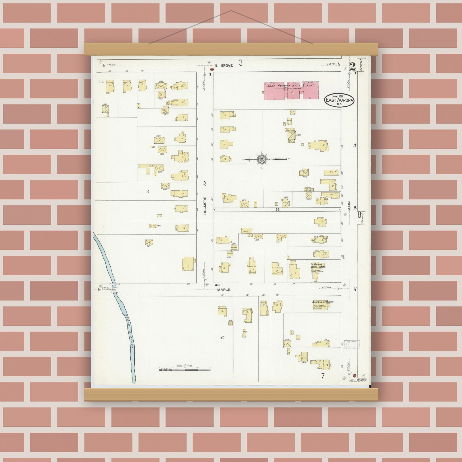 Old map wall art mockup — magnetic wood frame on brick wall — Sanborn Fire Insurance Map from East Aurora, Erie County, New York (1912) - Complete Map Set