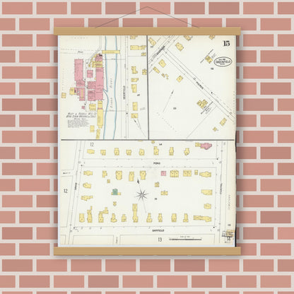 Old map wall art mockup — magnetic wood frame on brick wall — Sanborn Fire Insurance Map from Greenfield, Franklin County, Massachusetts (1902), Sheet #0014