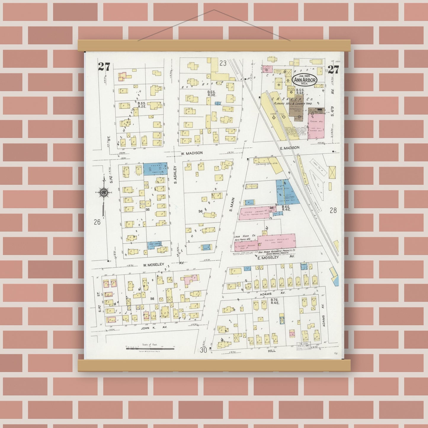 Old map wall art mockup — magnetic wood frame on brick wall — Sanborn Fire Insurance Map from Ann Arbor, Washtenaw County, Michigan (1925), Sheet #0027