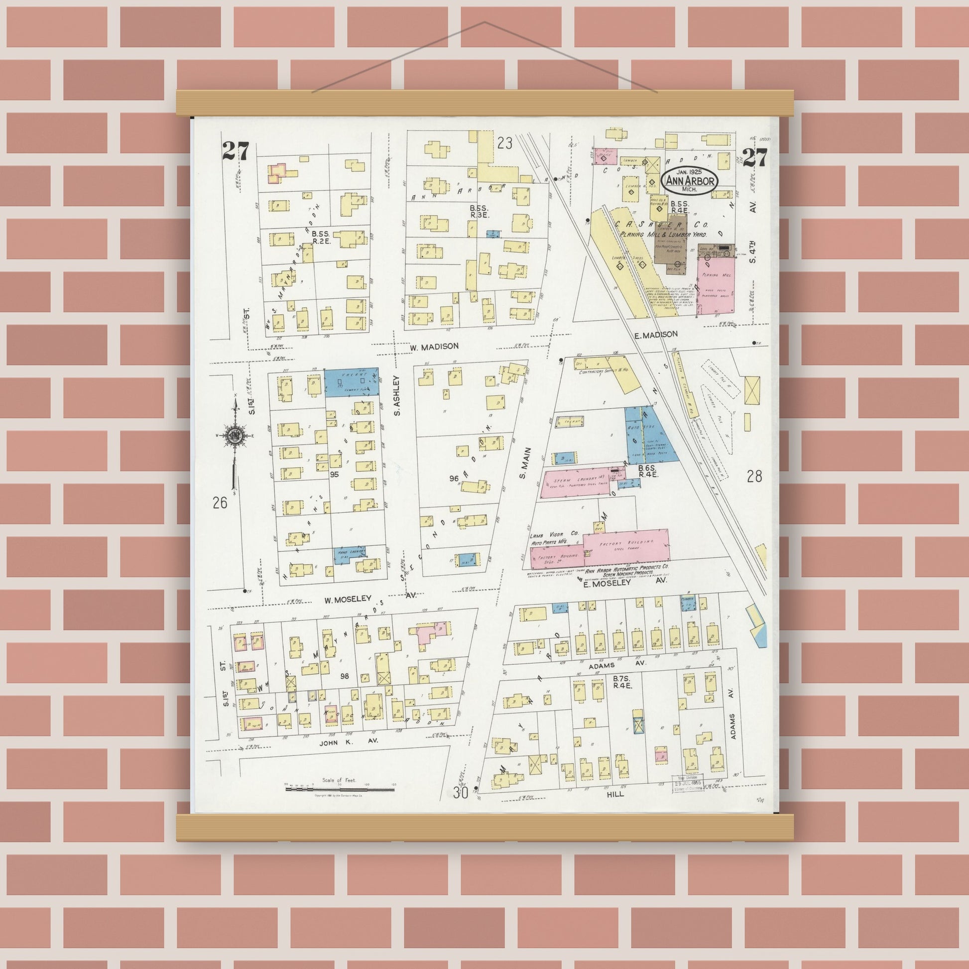 Old map wall art mockup — magnetic wood frame on brick wall — Sanborn Fire Insurance Map from Ann Arbor, Washtenaw County, Michigan (1925), Sheet #0027