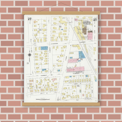 Old map wall art mockup — magnetic wood frame on brick wall — Sanborn Fire Insurance Map from Ann Arbor, Washtenaw County, Michigan (1925), Sheet #0027