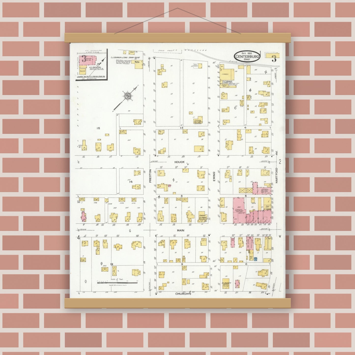 Old map wall art mockup — magnetic wood frame on brick wall — Sanborn Fire Insurance Map from Centerburg, Knox County, Ohio (1926), Sheet #0003