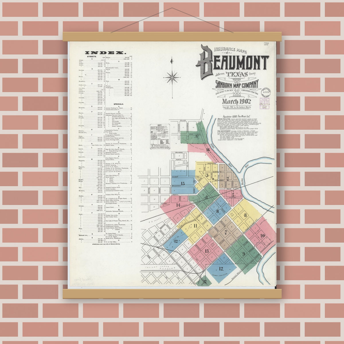 Old map wall art mockup — magnetic wood frame on brick wall — Sanborn Fire Insurance Map from Beaumont, Jefferson County, Texas (1902) - Complete Map Set