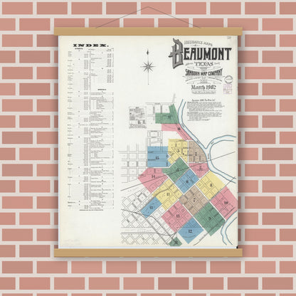 Old map wall art mockup — magnetic wood frame on brick wall — Sanborn Fire Insurance Map from Beaumont, Jefferson County, Texas (1902) - Complete Map Set