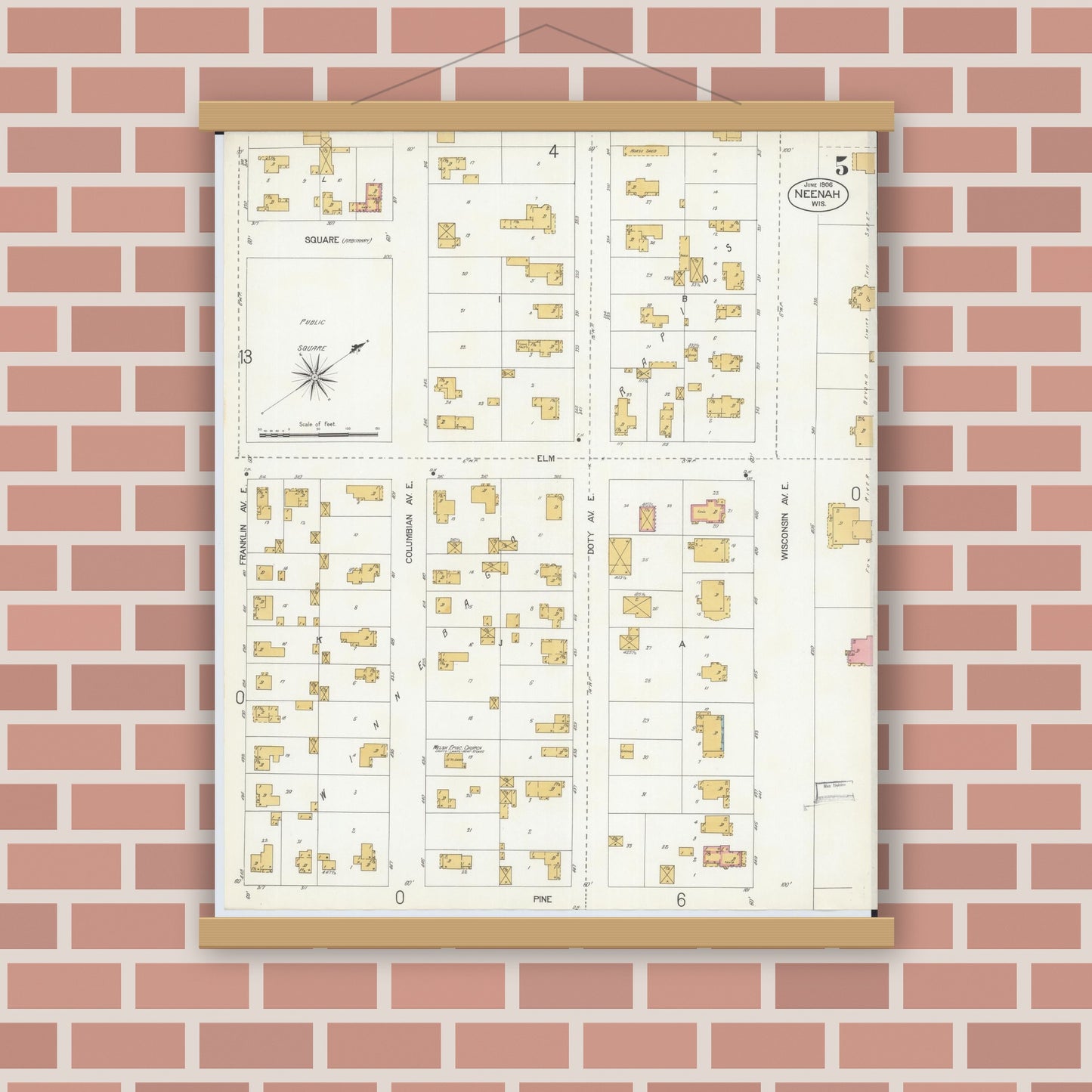 Old map wall art mockup — magnetic wood frame on brick wall — Sanborn Fire Insurance Map from Neenah, Winnebago County, Wisconsin (1906), Sheet #0005