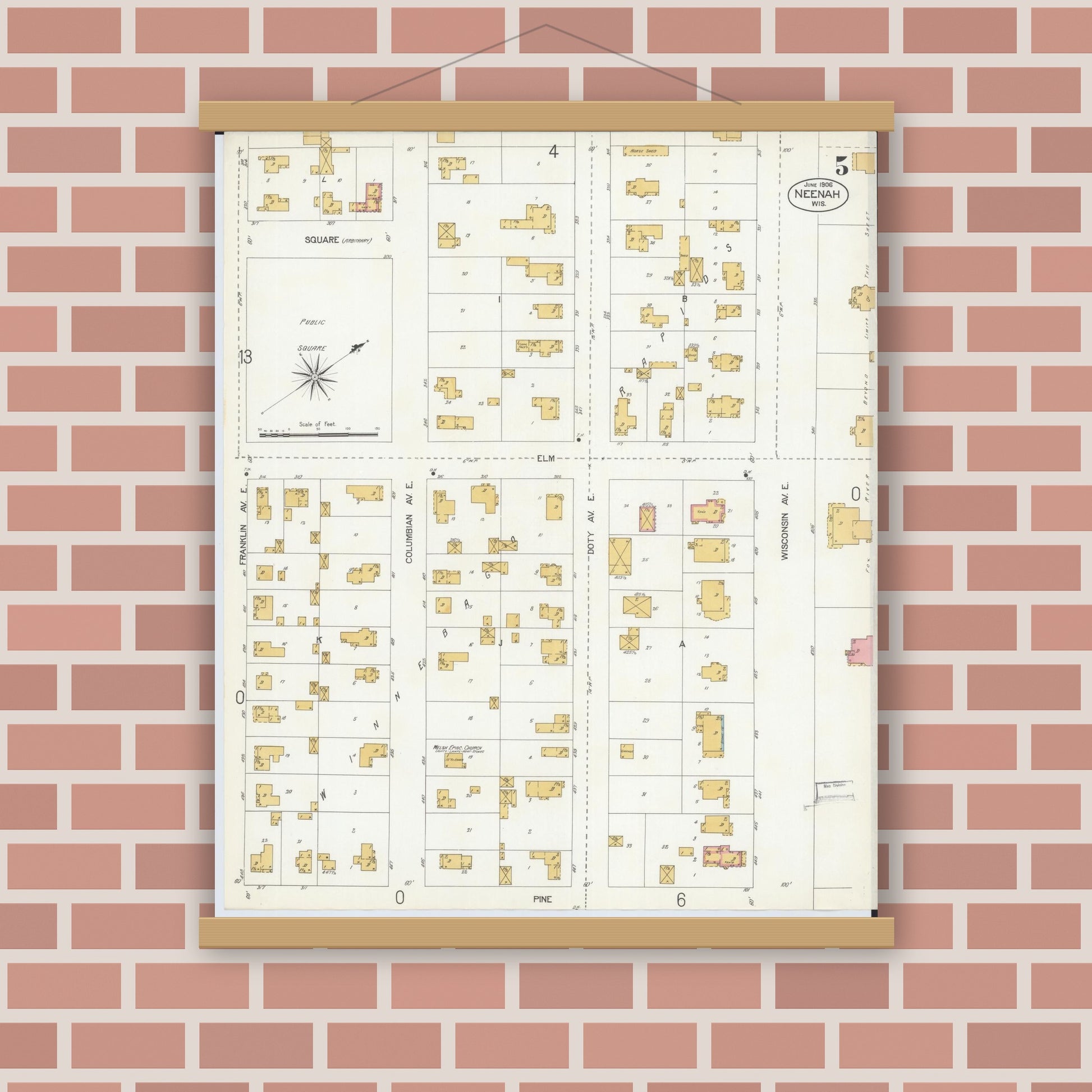 Old map wall art mockup — magnetic wood frame on brick wall — Sanborn Fire Insurance Map from Neenah, Winnebago County, Wisconsin (1906), Sheet #0005