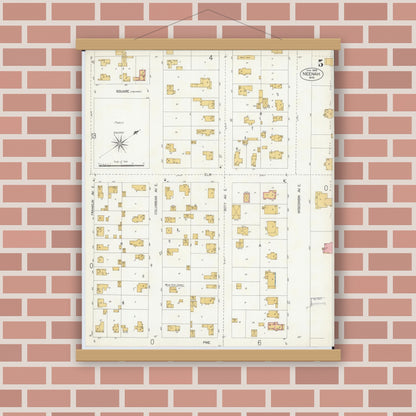 Old map wall art mockup — magnetic wood frame on brick wall — Sanborn Fire Insurance Map from Neenah, Winnebago County, Wisconsin (1906), Sheet #0005