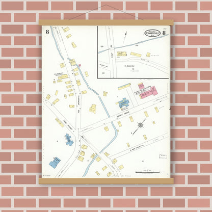 Old map wall art mockup — magnetic wood frame on brick wall — Sanborn Fire Insurance Map from Bernardsville, Somerset County, New Jersey (1923), Sheet #0008