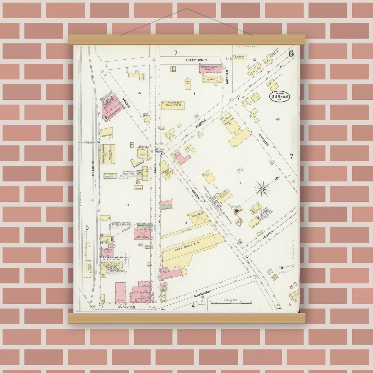 Old map wall art mockup — magnetic wood frame on brick wall — Sanborn Fire Insurance Map from Durham, Durham County, North Carolina (1898), Sheet #0006