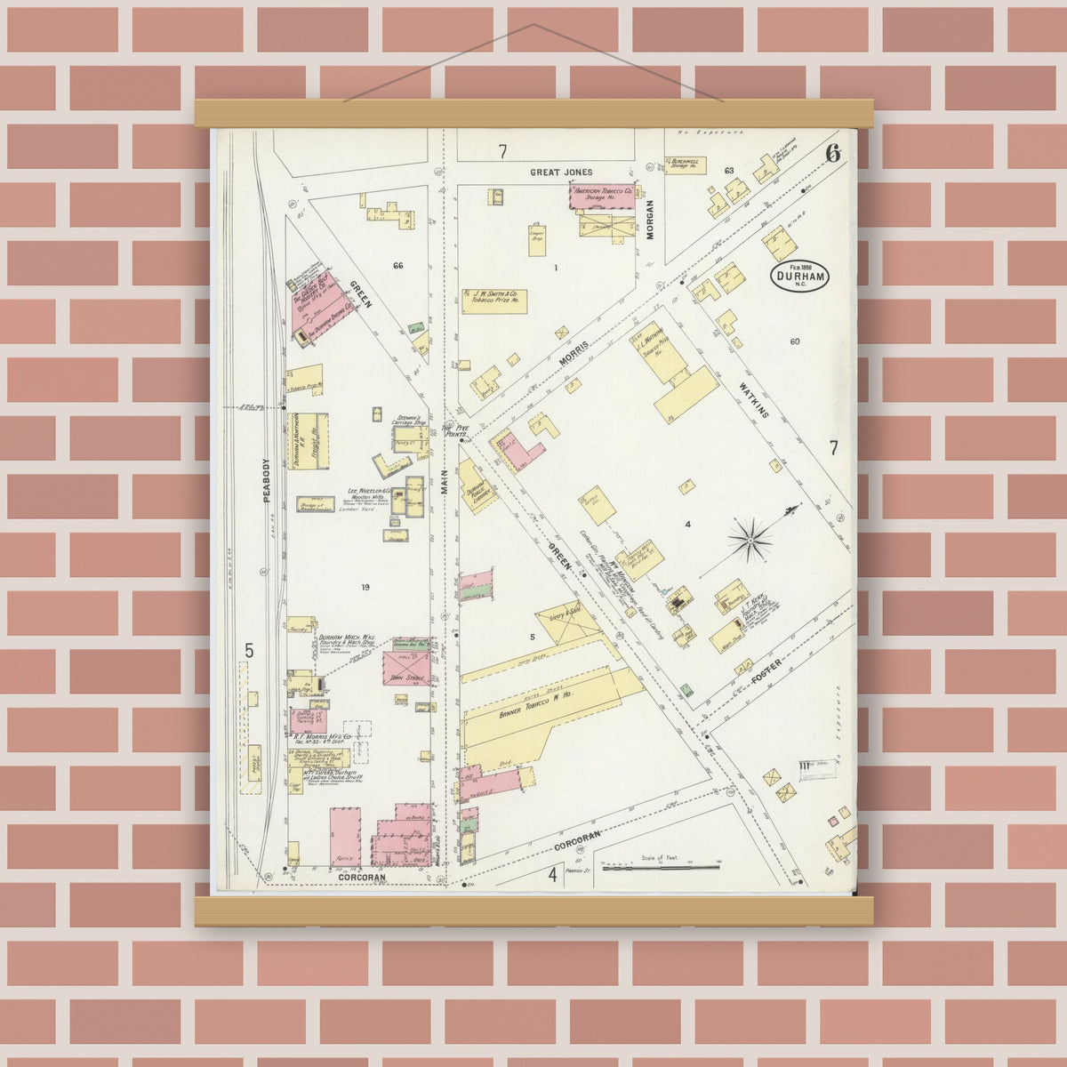 Old map wall art mockup — magnetic wood frame on brick wall — Sanborn Fire Insurance Map from Durham, Durham County, North Carolina (1898), Sheet #0006