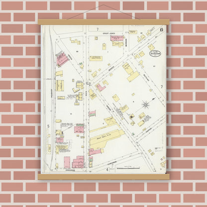 Old map wall art mockup — magnetic wood frame on brick wall — Sanborn Fire Insurance Map from Durham, Durham County, North Carolina (1898), Sheet #0006