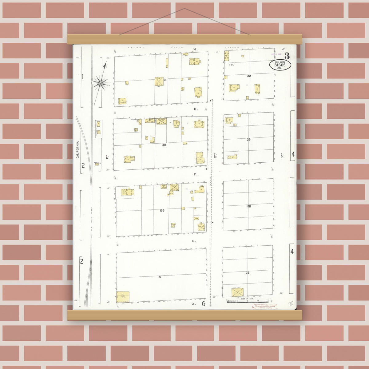 Old map wall art mockup — magnetic wood frame on brick wall — Sanborn Fire Insurance Map from Biggs, Butte County, California (1909), Sheet #0003