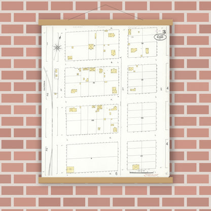 Old map wall art mockup — magnetic wood frame on brick wall — Sanborn Fire Insurance Map from Biggs, Butte County, California (1909), Sheet #0003
