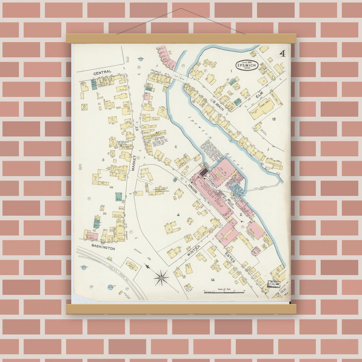 Old map wall art mockup — magnetic wood frame on brick wall — Sanborn Fire Insurance Map from Ipswich, Essex County, Massachusetts (1892), Sheet #0004