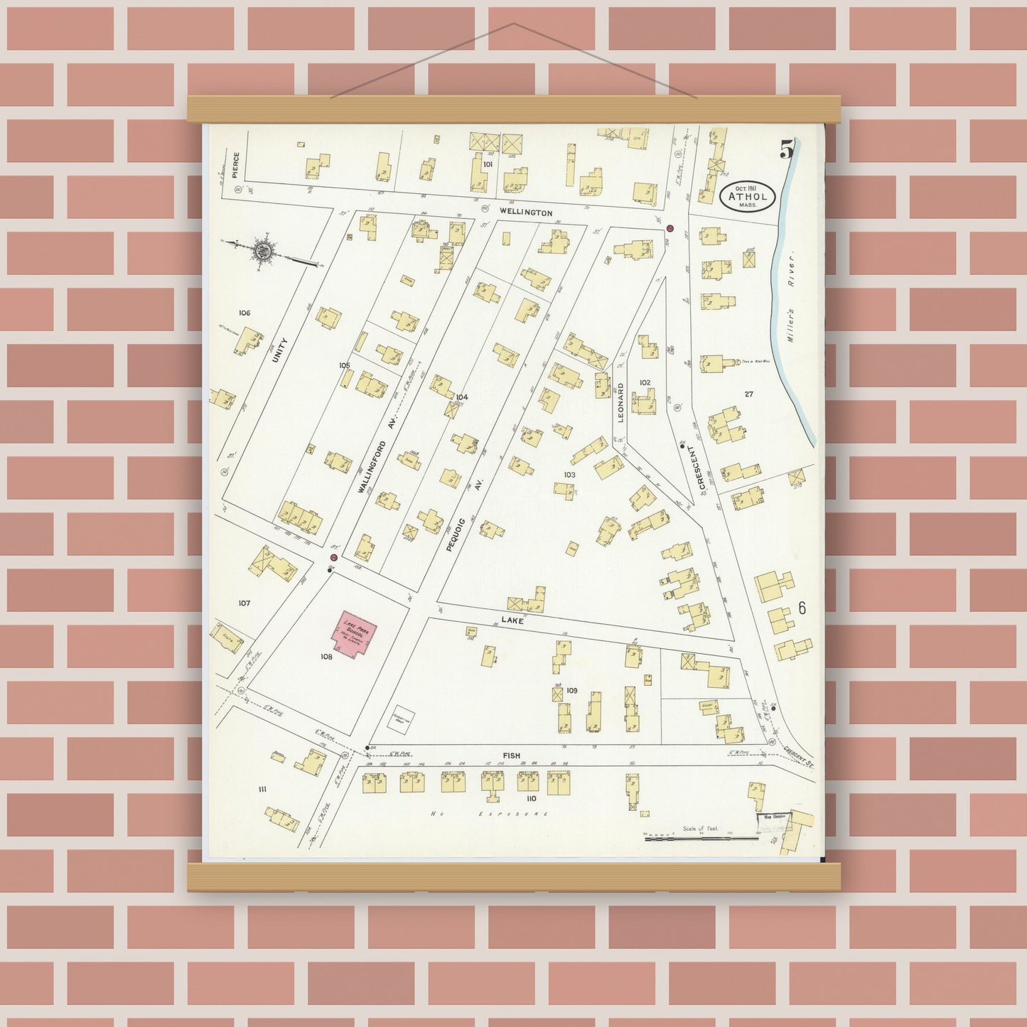 Old map wall art mockup — magnetic wood frame on brick wall — Sanborn Fire Insurance Map from Athol, Worcester County, Massachusetts (1911), Sheet #0005