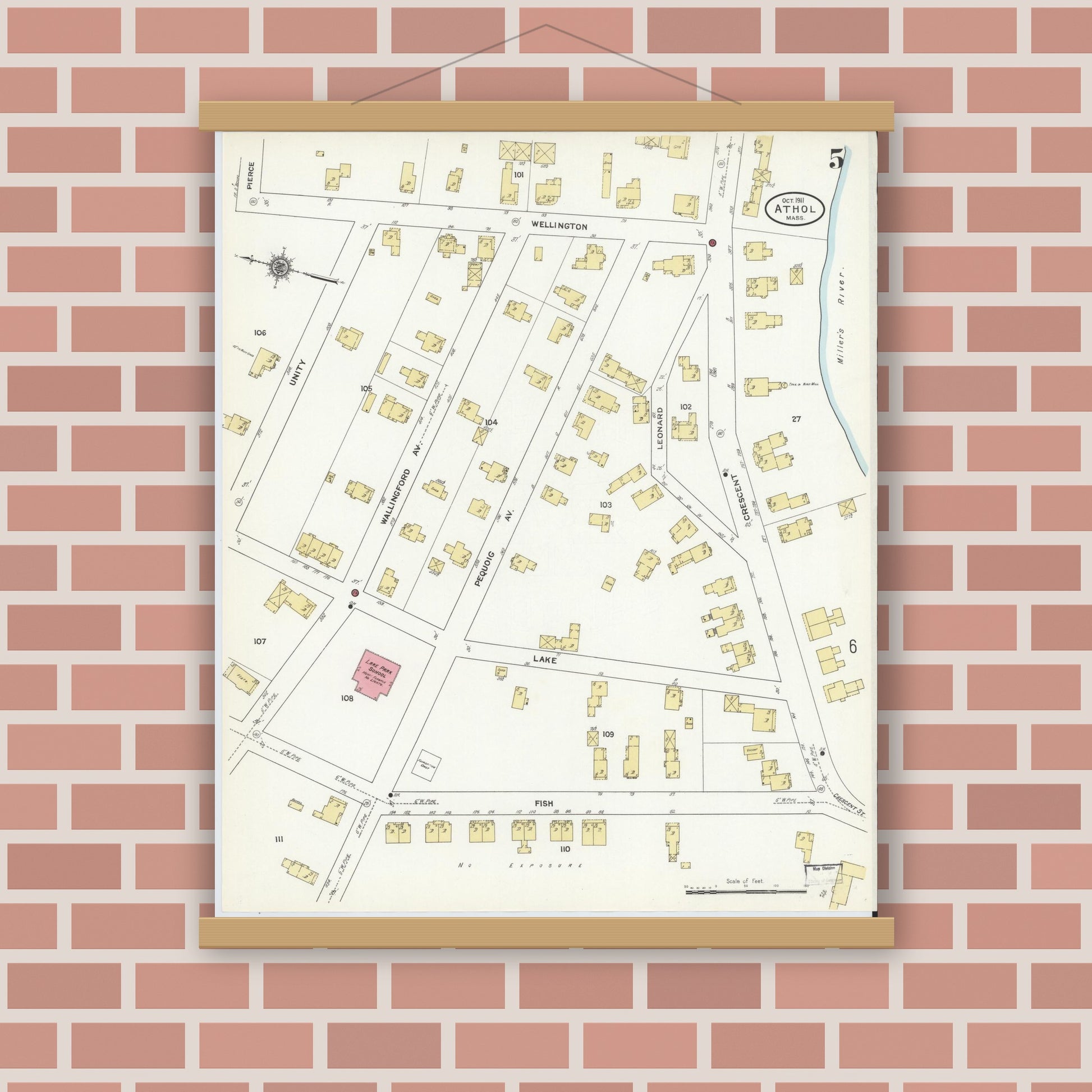 Old map wall art mockup — magnetic wood frame on brick wall — Sanborn Fire Insurance Map from Athol, Worcester County, Massachusetts (1911), Sheet #0005