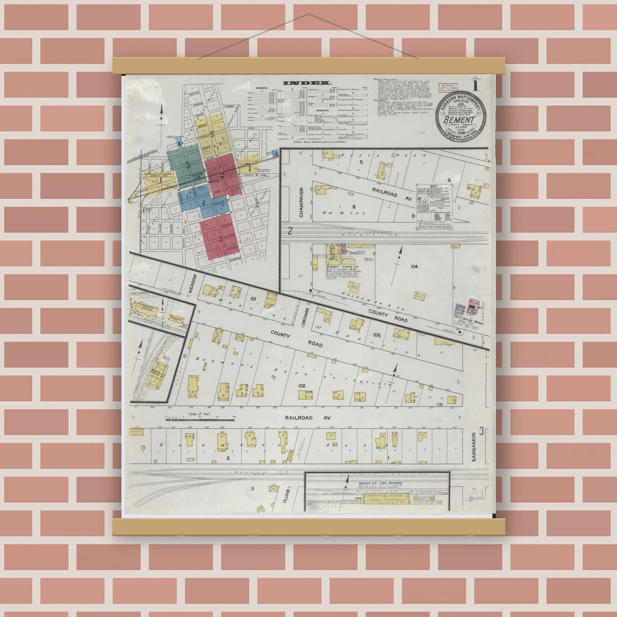 Old map wall art mockup — magnetic wood frame on brick wall — Sanborn Fire Insurance Map from Bement, Piatt County, Illinois (1909) - Complete Map Set