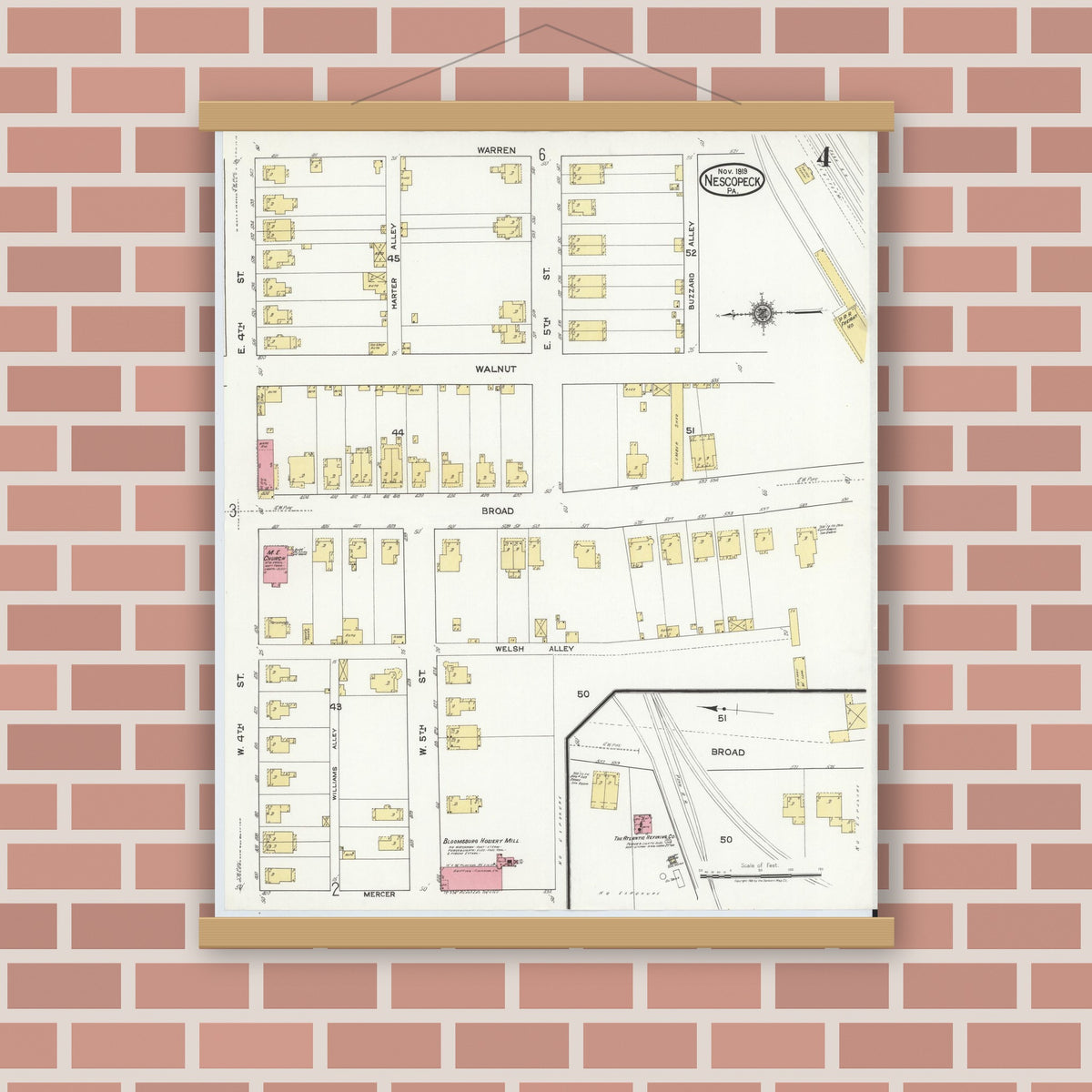 Old map wall art mockup — magnetic wood frame on brick wall — Sanborn Fire Insurance Map from Nescopeck, Luzerne County, Pennsylvania (1919), Sheet #0004