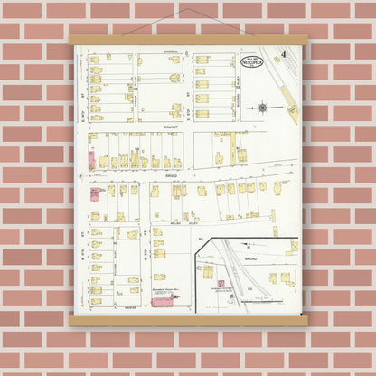 Old map wall art mockup — magnetic wood frame on brick wall — Sanborn Fire Insurance Map from Nescopeck, Luzerne County, Pennsylvania (1919), Sheet #0004