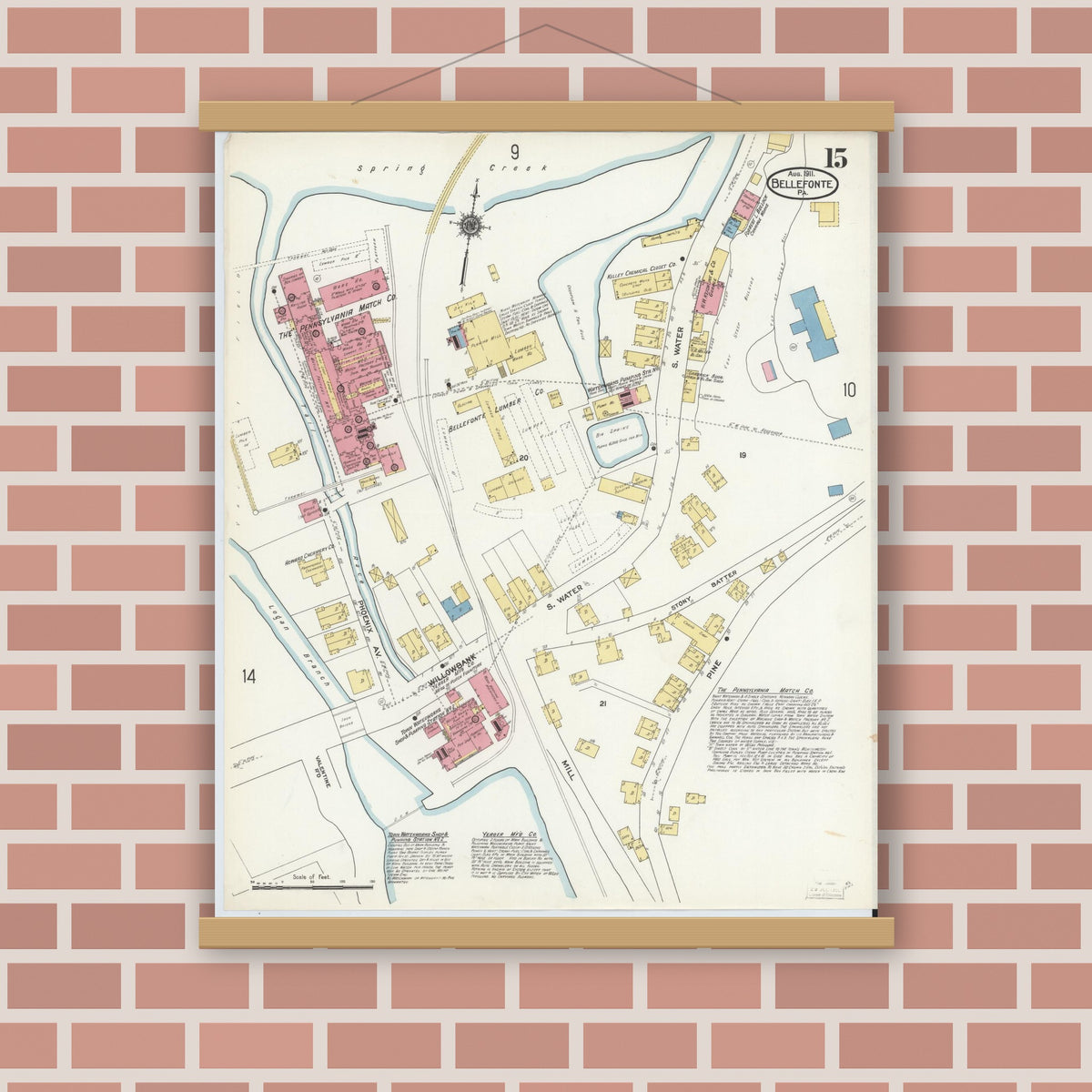 Old map wall art mockup — magnetic wood frame on brick wall — Sanborn Fire Insurance Map from Bellefonte, Centre County, Pennsylvania (1911), Sheet #0015