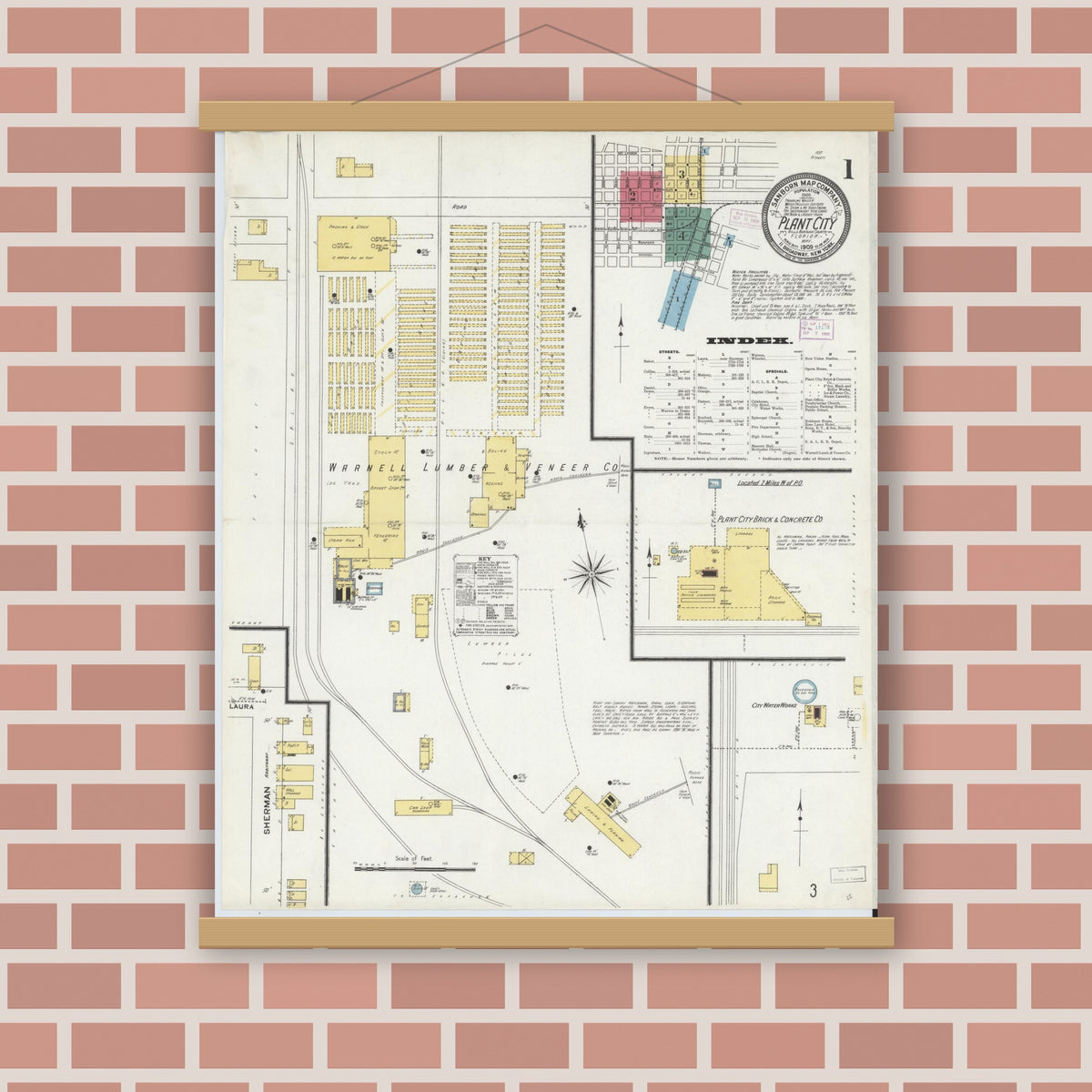 Old map wall art mockup — magnetic wood frame on brick wall — Sanborn Fire Insurance Map from Plant City, Hillborough County, Florida (1909) - Complete Map Set