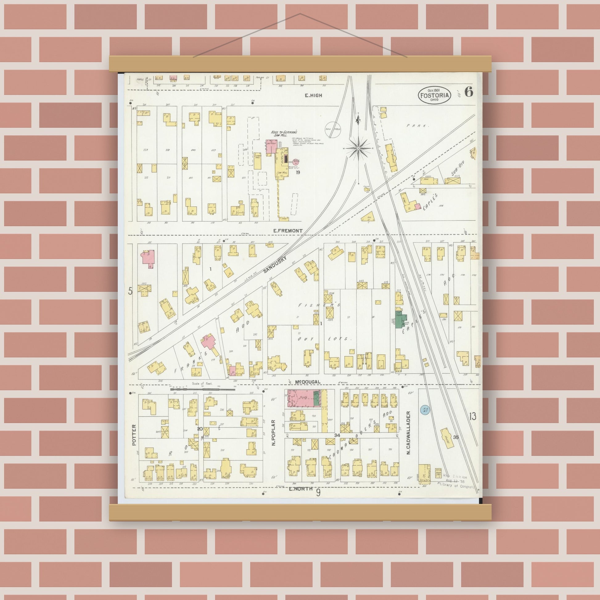 Old map wall art mockup — magnetic wood frame on brick wall — Sanborn Fire Insurance Map from Fostoria, Seneca, Hancock, And Wood Counties, Ohio (1901), Sheet #0006