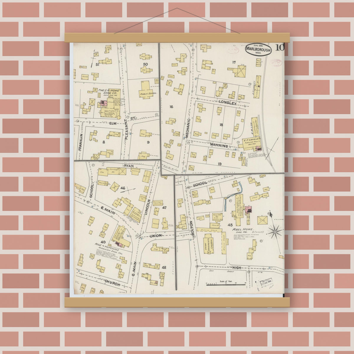 Old map wall art mockup — magnetic wood frame on brick wall — Sanborn Fire Insurance Map from Marlborough, Middlesex County, Massachusetts (1890), Sheet #0010