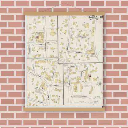 Old map wall art mockup — magnetic wood frame on brick wall — Sanborn Fire Insurance Map from Marlborough, Middlesex County, Massachusetts (1890), Sheet #0010