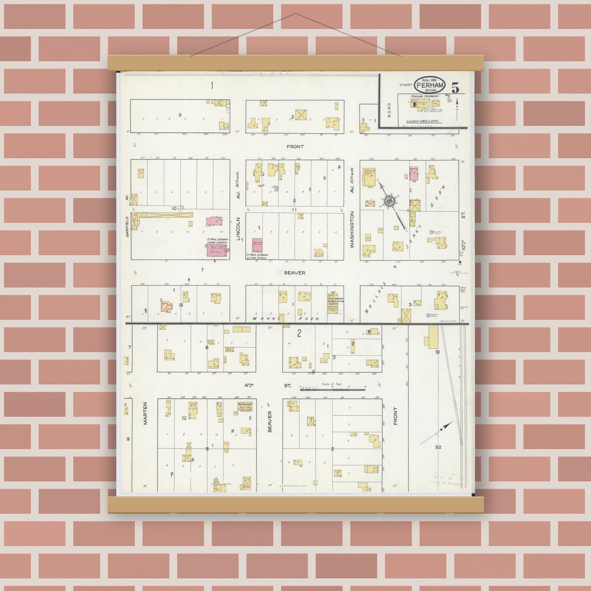 Old map wall art mockup — magnetic wood frame on brick wall — Sanborn Fire Insurance Map from Perham, Otter Tail County, Minnesota (1916), Sheet #0005