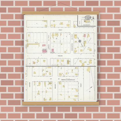 Old map wall art mockup — magnetic wood frame on brick wall — Sanborn Fire Insurance Map from Perham, Otter Tail County, Minnesota (1916), Sheet #0005