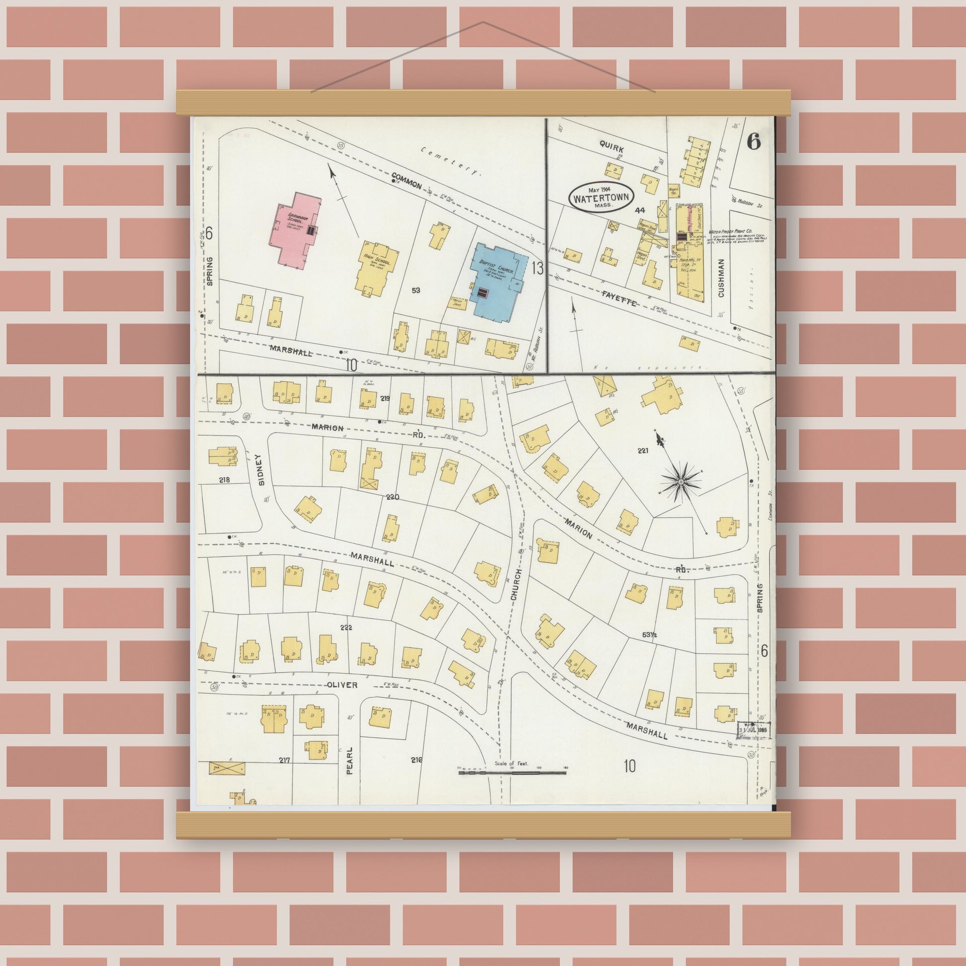 Old map wall art mockup — magnetic wood frame on brick wall — Sanborn Fire Insurance Map from Watertown, Middlesex County, Massachusetts (1904), Sheet #0006