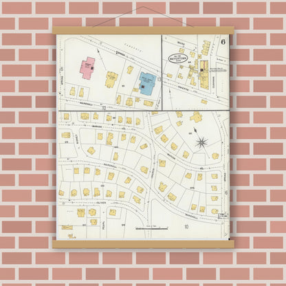 Old map wall art mockup — magnetic wood frame on brick wall — Sanborn Fire Insurance Map from Watertown, Middlesex County, Massachusetts (1904), Sheet #0006