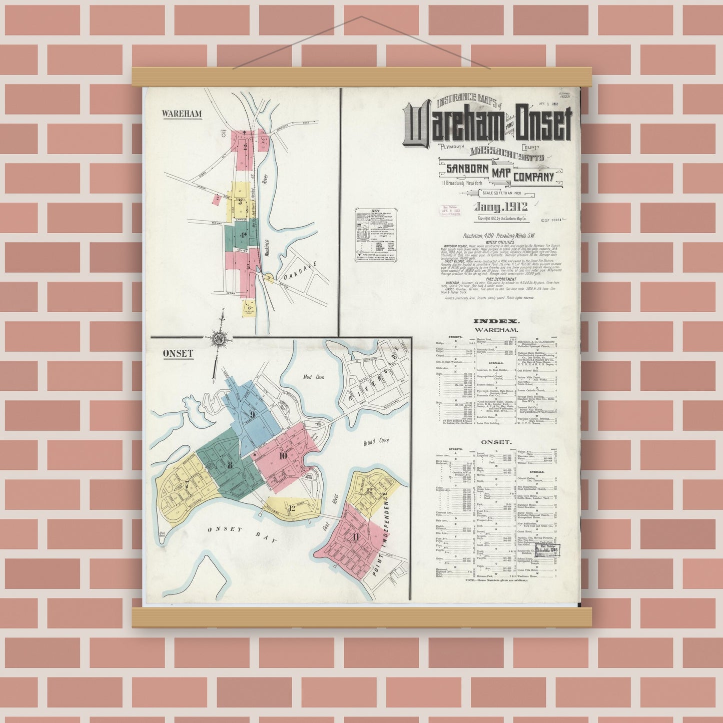 Old map wall art mockup — magnetic wood frame on brick wall — Sanborn Fire Insurance Map from Wareham, Plymouth County, Massachusetts (1912), Sheet #0001