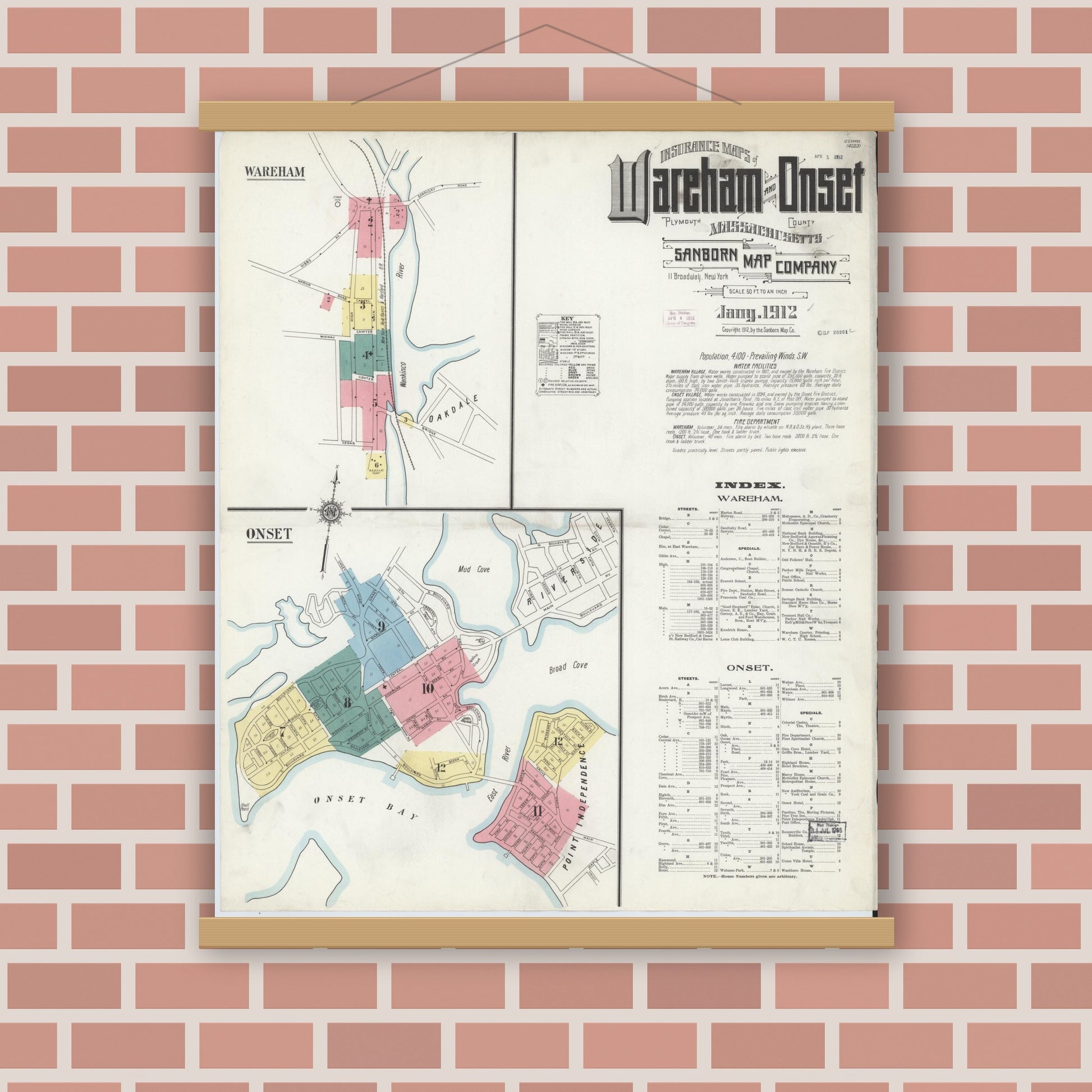 Old map wall art mockup — magnetic wood frame on brick wall — Sanborn Fire Insurance Map from Wareham, Plymouth County, Massachusetts (1912), Sheet #0001