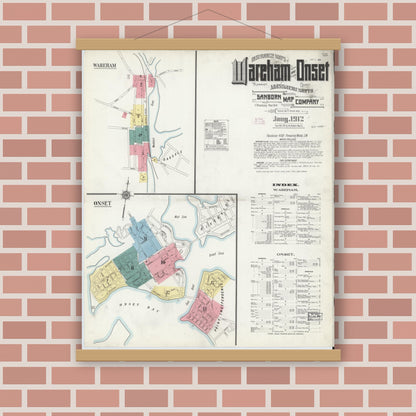 Old map wall art mockup — magnetic wood frame on brick wall — Sanborn Fire Insurance Map from Wareham, Plymouth County, Massachusetts (1912), Sheet #0001