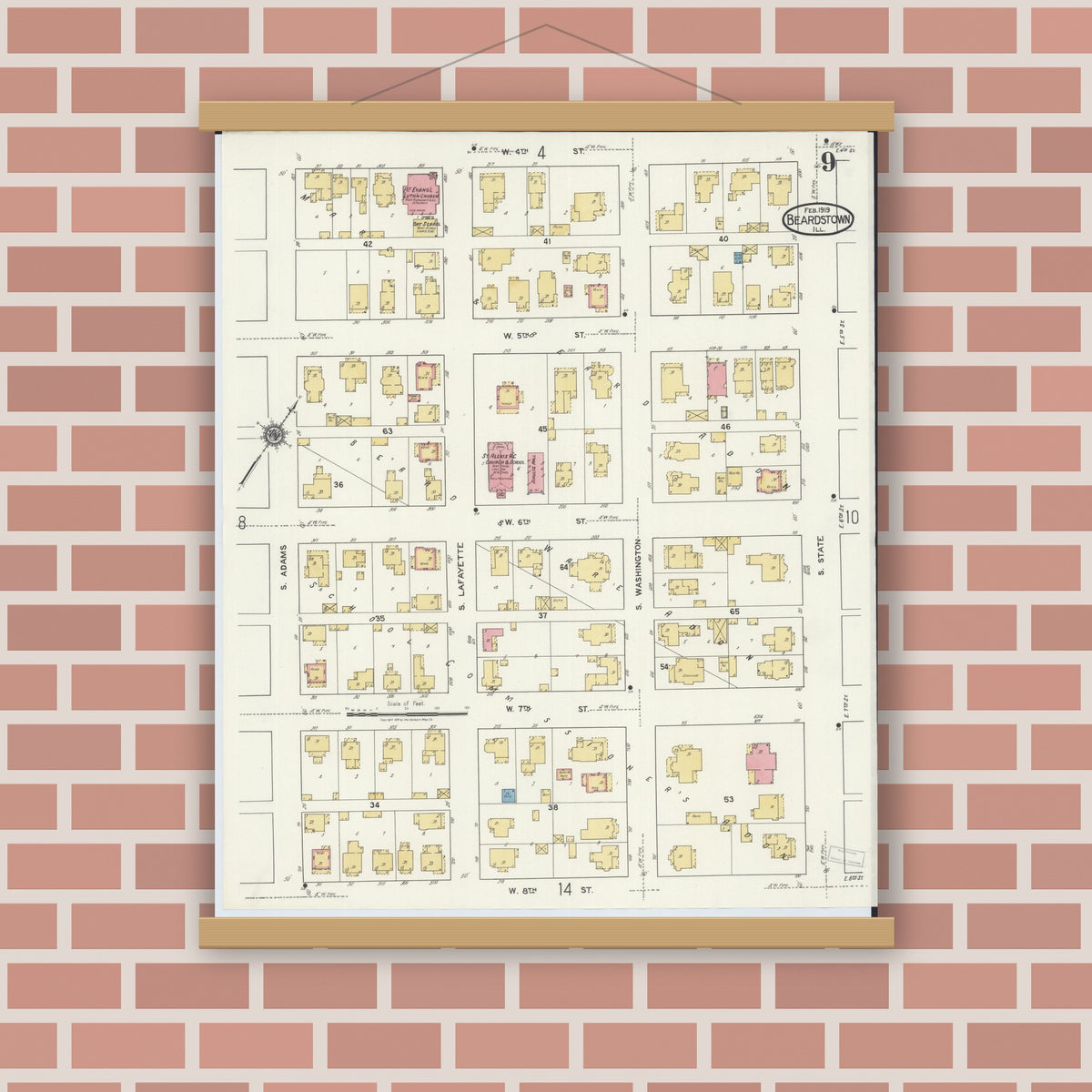 Old map wall art mockup — magnetic wood frame on brick wall — Sanborn Fire Insurance Map from Beardstown, Cass County, Illinois (1919), Sheet #0009