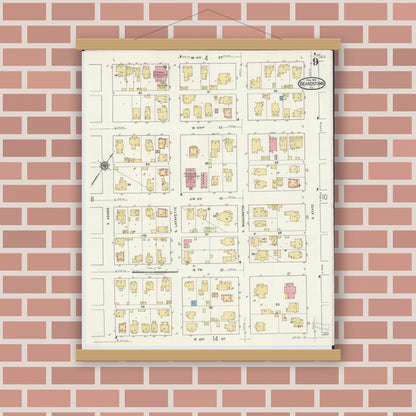 Old map wall art mockup — magnetic wood frame on brick wall — Sanborn Fire Insurance Map from Beardstown, Cass County, Illinois (1919), Sheet #0009