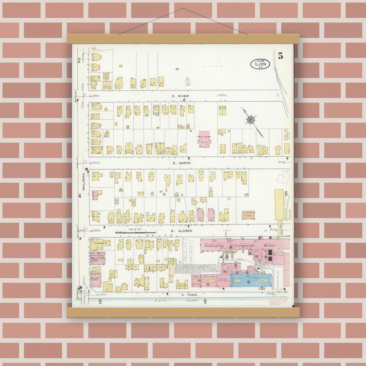 Old map wall art mockup — magnetic wood frame on brick wall — Sanborn Fire Insurance Map from Ilion, Herkimer County, New York (1912), Sheet #0005