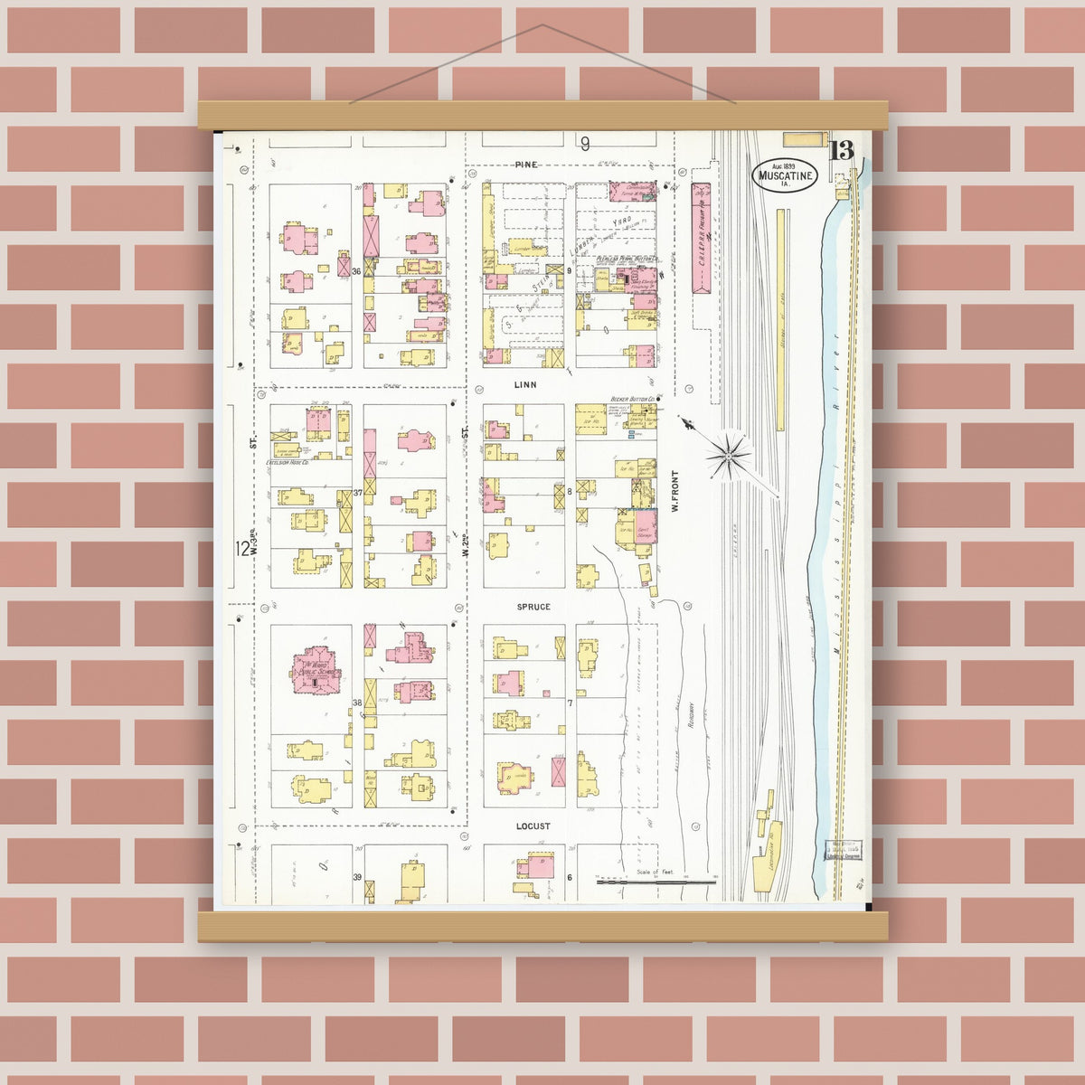 Old map wall art mockup — magnetic wood frame on brick wall — Sanborn Fire Insurance Map from Muscatine, Muscatine County, Iowa (1899), Sheet #0013