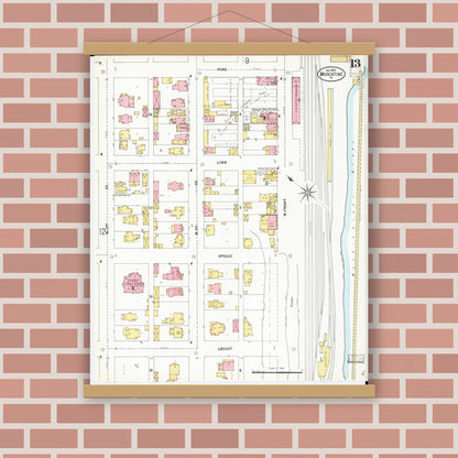 Old map wall art mockup — magnetic wood frame on brick wall — Sanborn Fire Insurance Map from Muscatine, Muscatine County, Iowa (1899), Sheet #0013