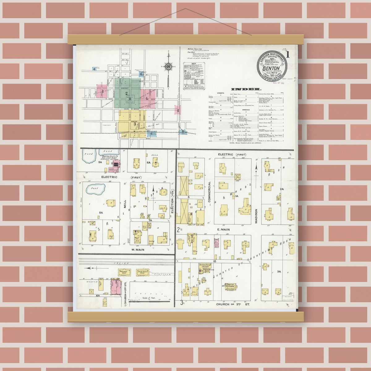 Old map wall art mockup — magnetic wood frame on brick wall — Sanborn Fire Insurance Map from Benton, Franklin County, Illinois (1910), Sheet #0001