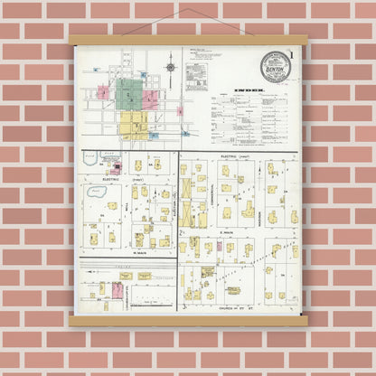 Old map wall art mockup — magnetic wood frame on brick wall — Sanborn Fire Insurance Map from Benton, Franklin County, Illinois (1910), Sheet #0001