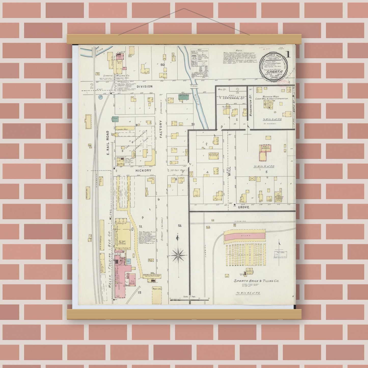 Old map wall art mockup — magnetic wood frame on brick wall — Sanborn Fire Insurance Map from Sparta, Kent County, Michigan (1894), Sheet #0001