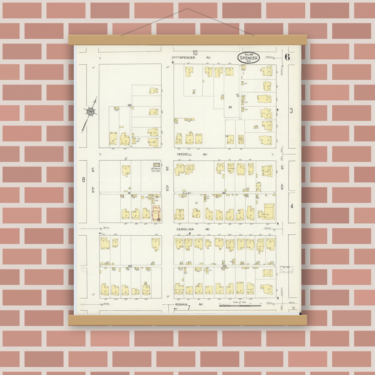 Old map wall art mockup — magnetic wood frame on brick wall — Sanborn Fire Insurance Map from Spencer, Rowan County, North Carolina (1913), Sheet #0006