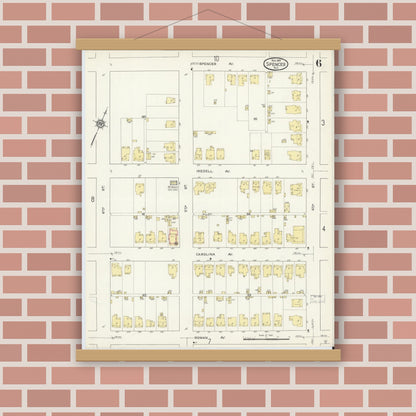Old map wall art mockup — magnetic wood frame on brick wall — Sanborn Fire Insurance Map from Spencer, Rowan County, North Carolina (1913), Sheet #0006