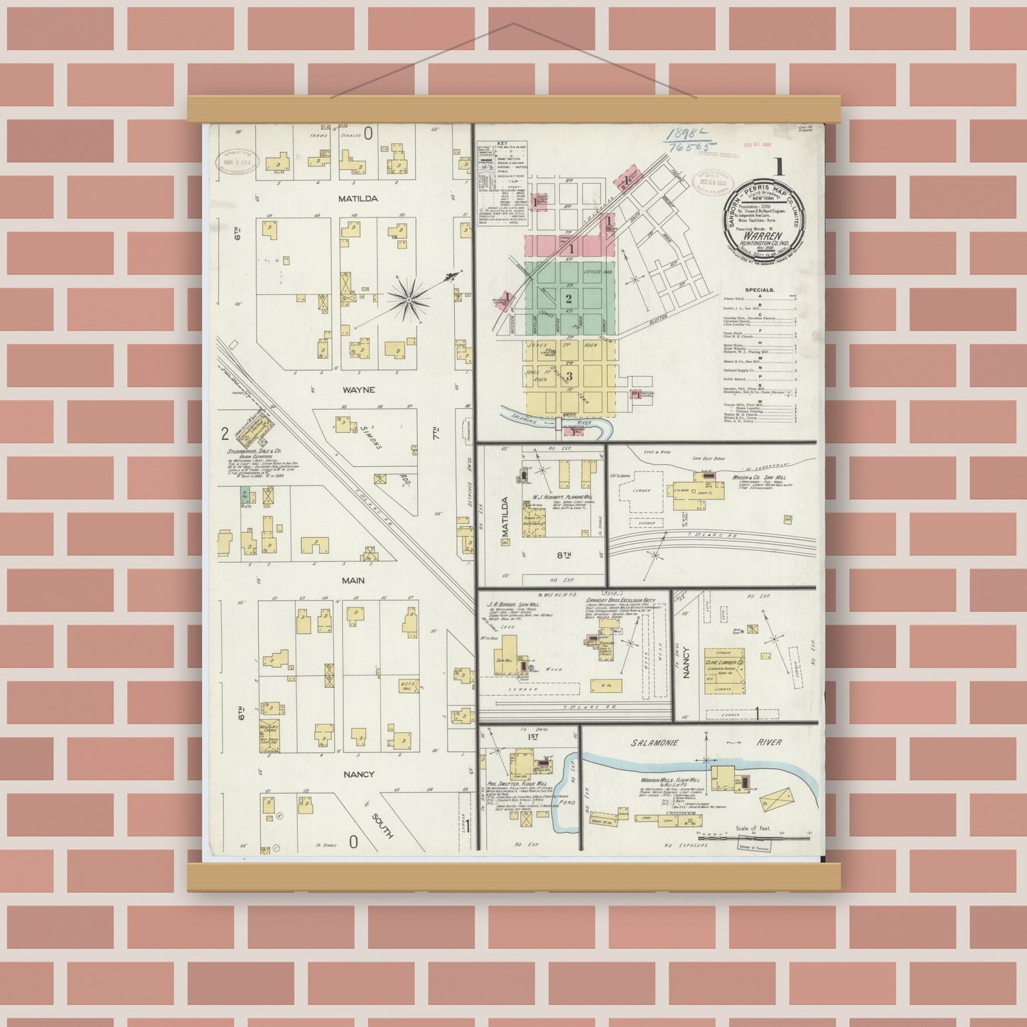 Old map wall art mockup — magnetic wood frame on brick wall — Sanborn Fire Insurance Map from Warren, Huntington County, Indiana (1898) - Complete Map Set