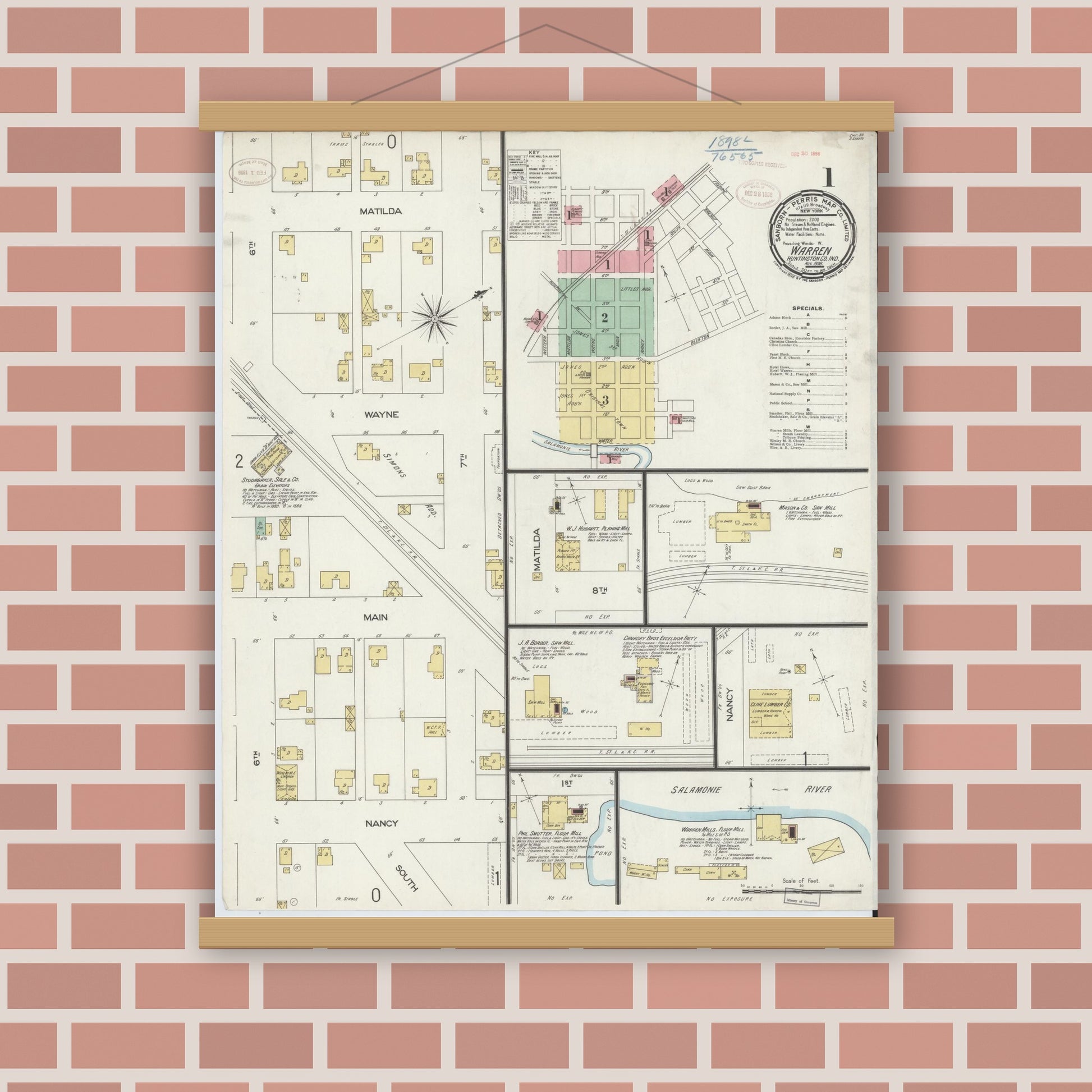Old map wall art mockup — magnetic wood frame on brick wall — Sanborn Fire Insurance Map from Warren, Huntington County, Indiana (1898) - Complete Map Set