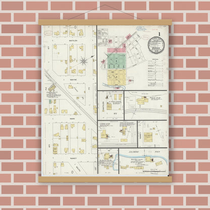 Old map wall art mockup — magnetic wood frame on brick wall — Sanborn Fire Insurance Map from Warren, Huntington County, Indiana (1898) - Complete Map Set