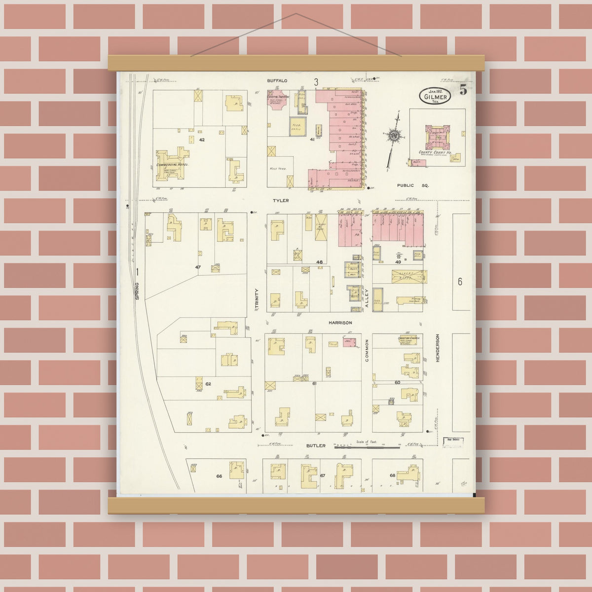 Old map wall art mockup — magnetic wood frame on brick wall — Sanborn Fire Insurance Map from Gilmer, Upshur County, Texas (1912), Sheet #0005